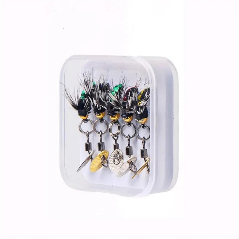 Five bionic mosquito fishing hooks with spinning sequins in multicolour patterns