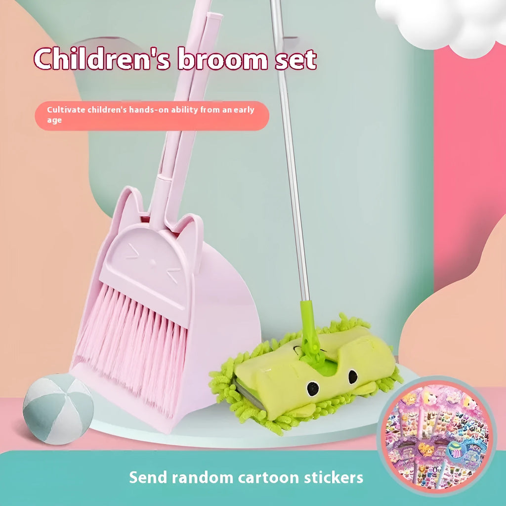 Broom and dustpan combination set with rotating brush head in plastic construction