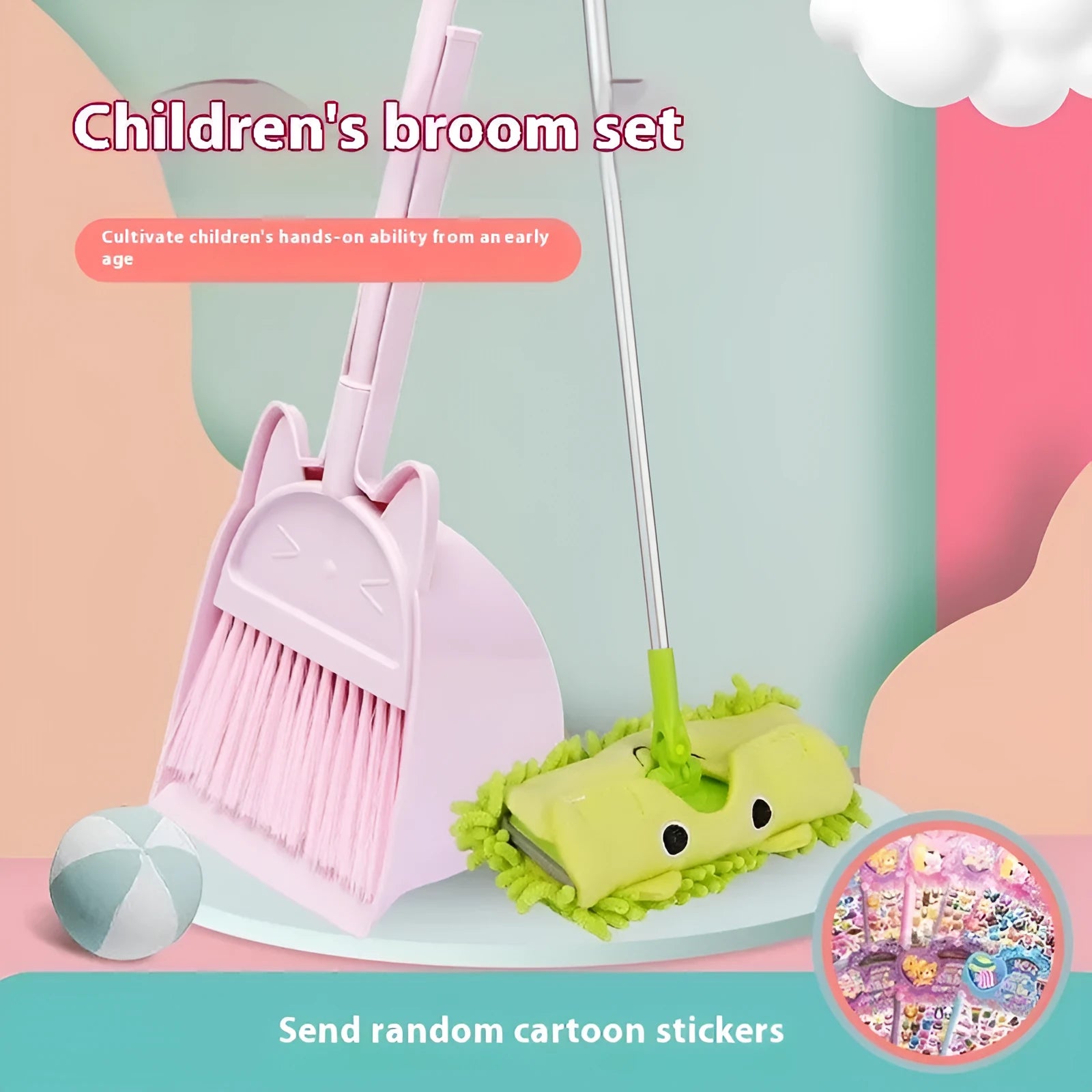 Broom and dustpan combination set with rotating brush head in plastic construction
