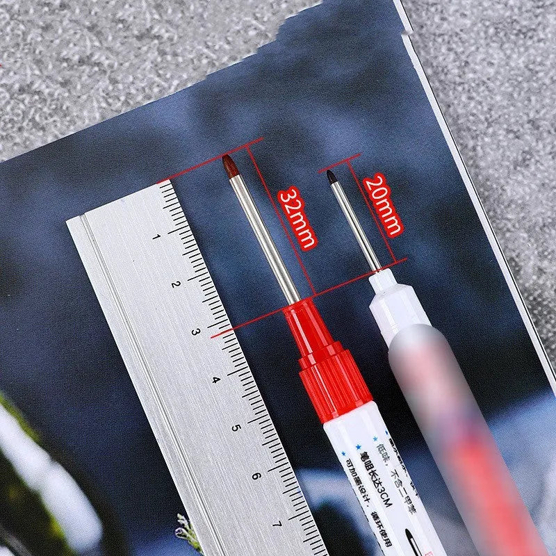 Quick-drying waterproof oil marker pen for woodworking in black, red, blue, and green colours.