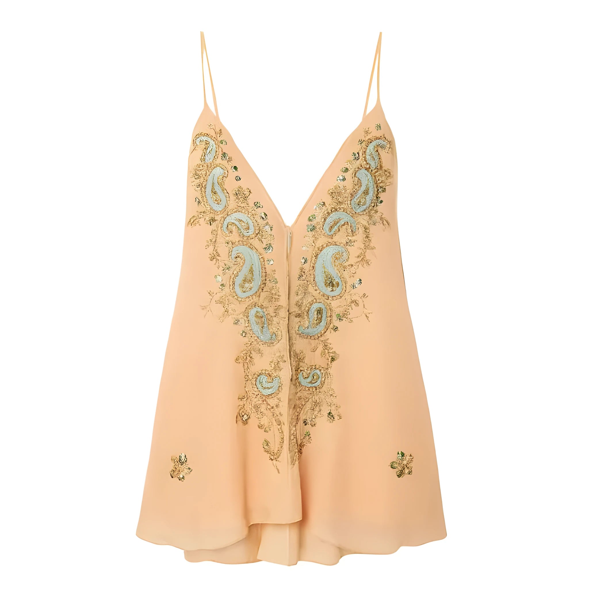 Light yellow ethnic print V-neck sling skirt with sleeveless design and short length