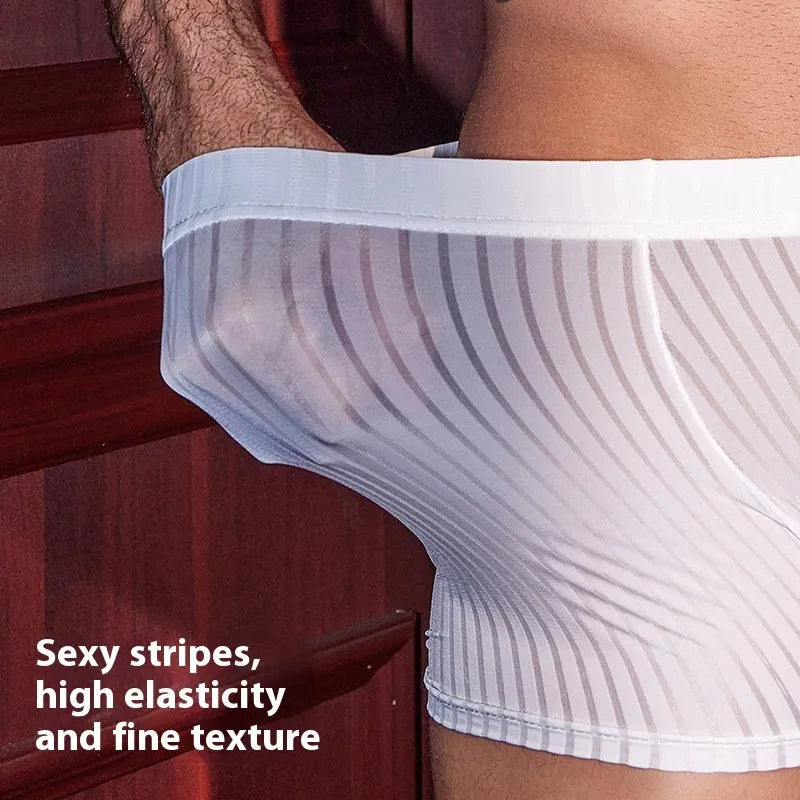 Men's black striped boxer briefs made from breathable nylon fabric.