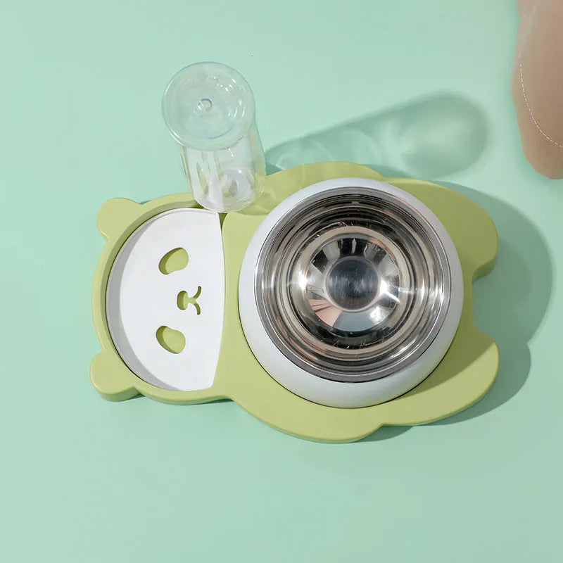 Grey panda-shaped tilted elevated pet feeder with stainless steel bowls and automatic water bottle