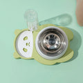 Grey panda-shaped tilted elevated pet feeder with stainless steel bowls and automatic water bottle