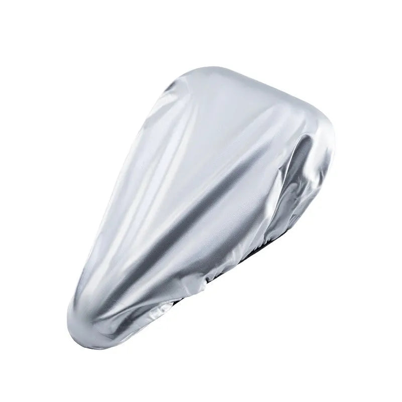 Silver bike saddle rain cover in average size, made from 100% polyester, for outdoor cycling and unisex bicycles