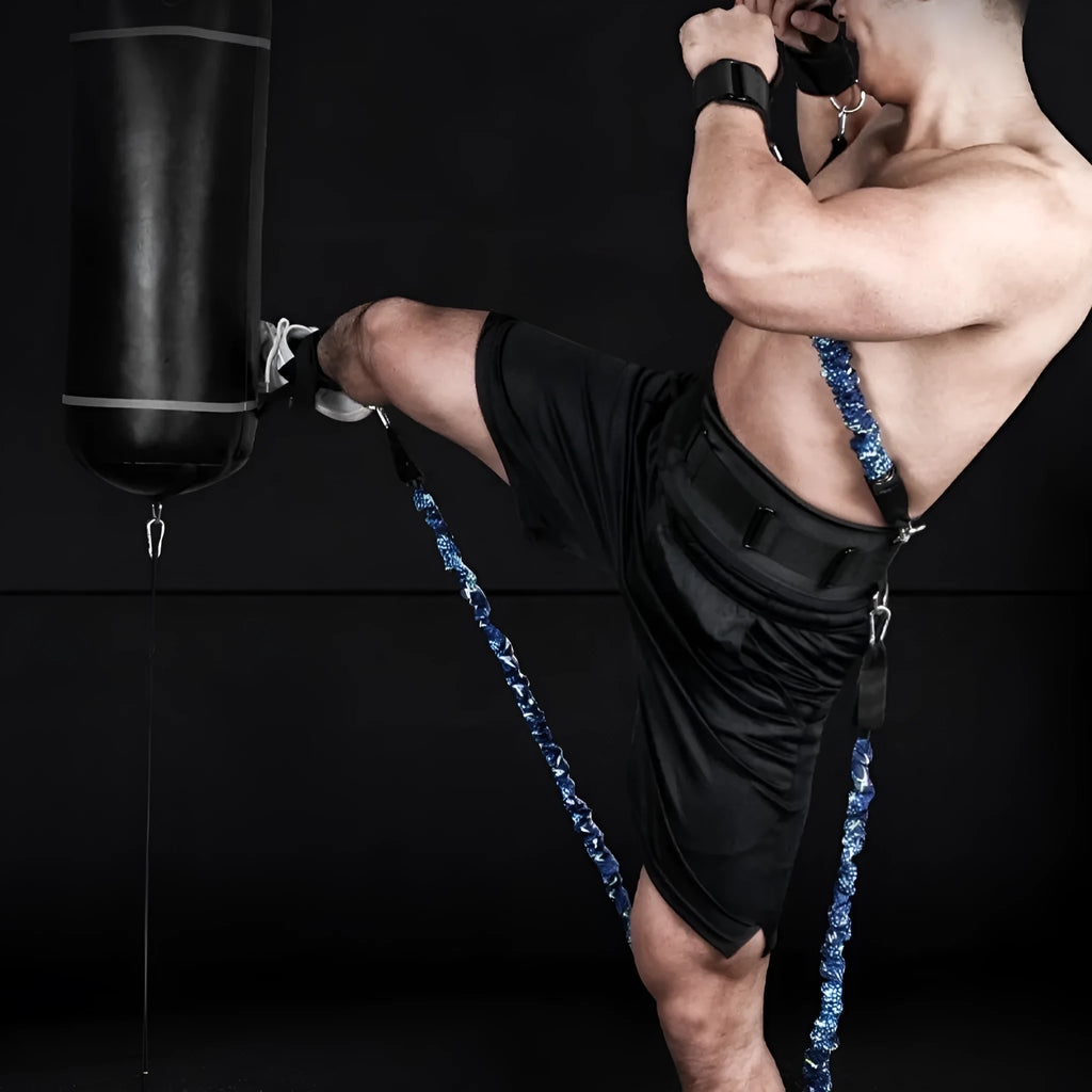 Fitness chest expander elastic belt with colour-coded sleeves indicating 100lb to 300lb resistance.