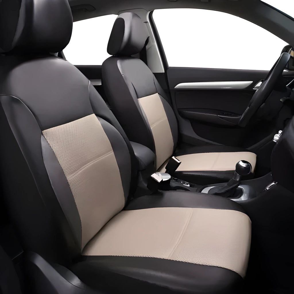 Set of synthetic leather car seat covers in a choice of colours, shown with plastic hooks for installation.