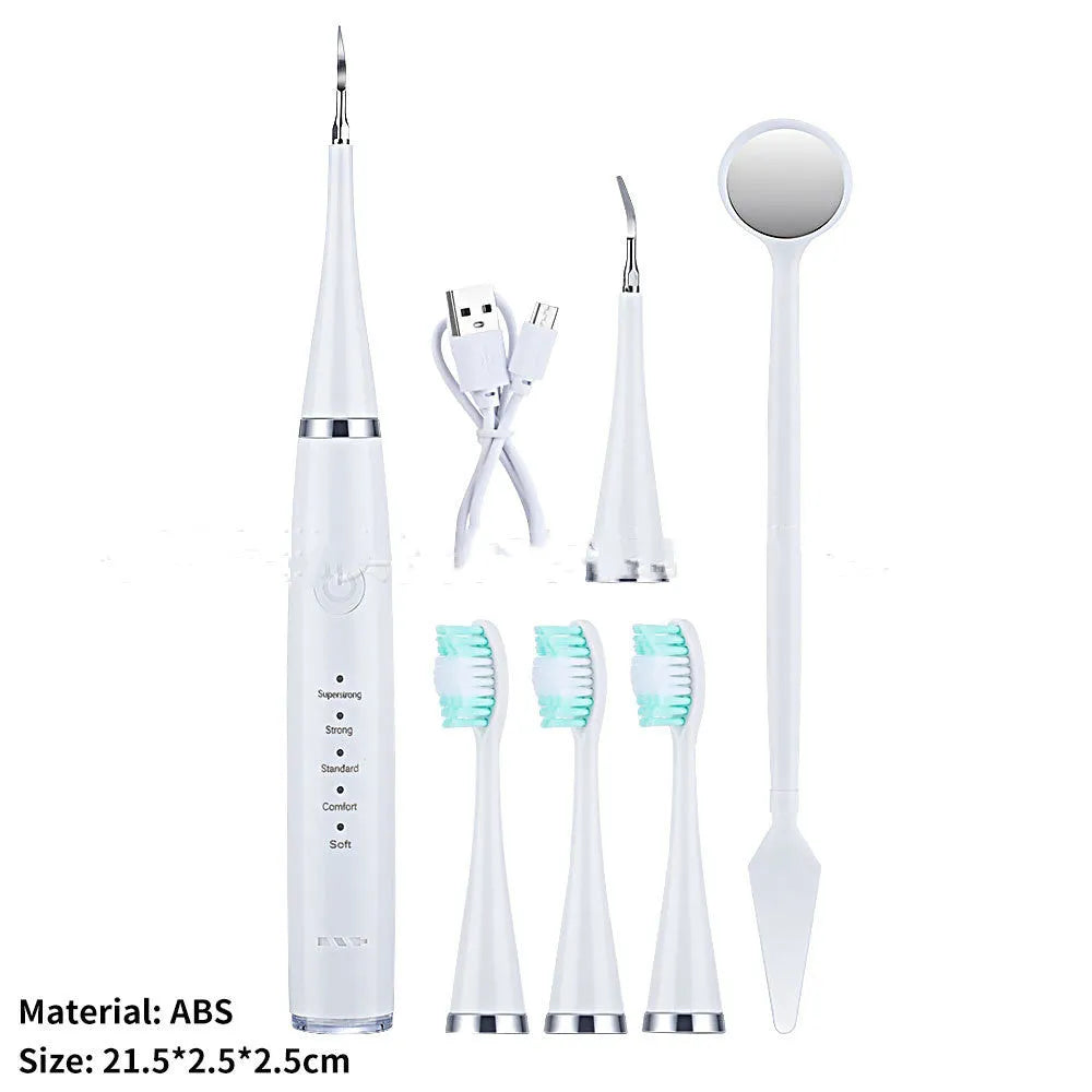 Electric toothbrush in white or black with 3 gears, USB charging, and optional 18mm or 20mm brush heads.