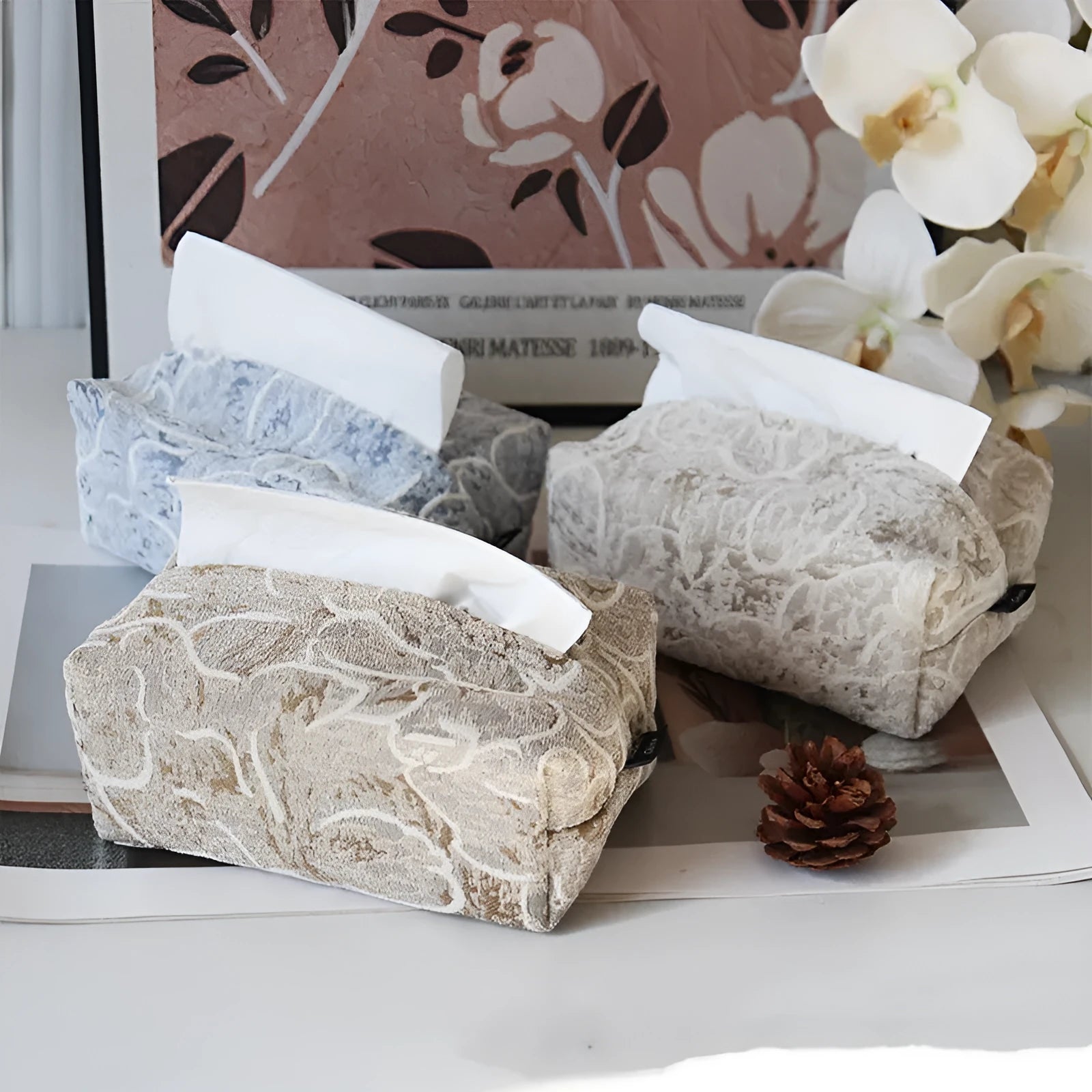 Chinese pastoral style cotton fabric tissue box in beige, blue, or brown.