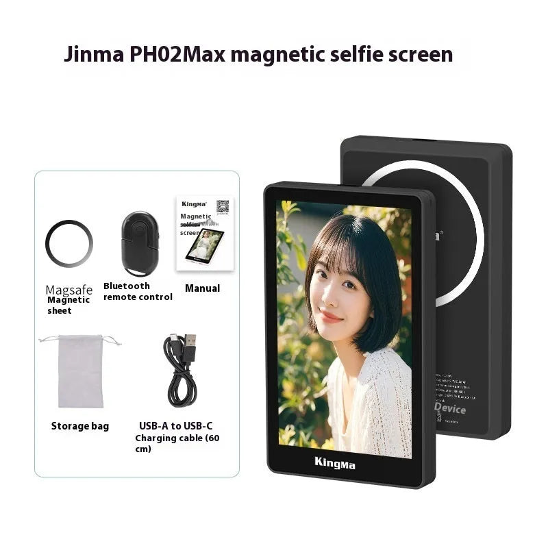 Wireless Bluetooth selfie display showing 1080p screen, available in pink and black models, lightweight 210g