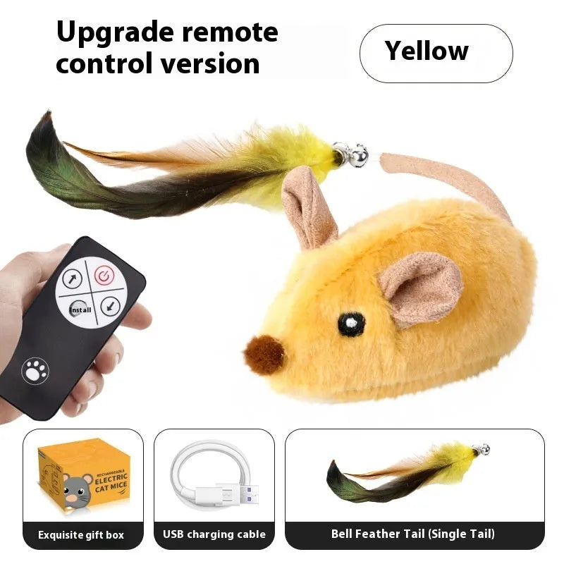 Electric charging mouse cat toy with feather tail decoration in grey or yellow plastic