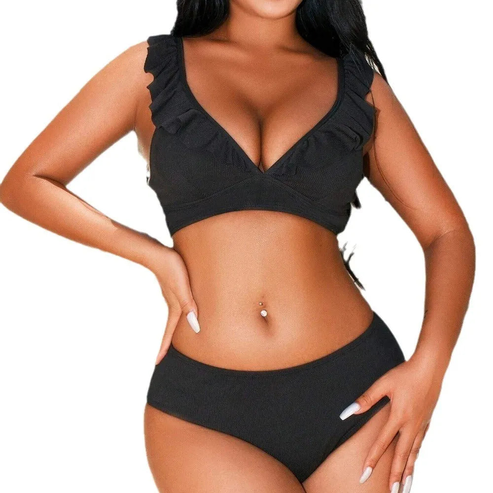 Women's retro striped bikini swimwear set with split small chest design.