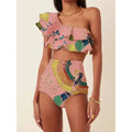 Women's printed high waist bikini set with oblique shoulder ruffles in striped or floral pattern