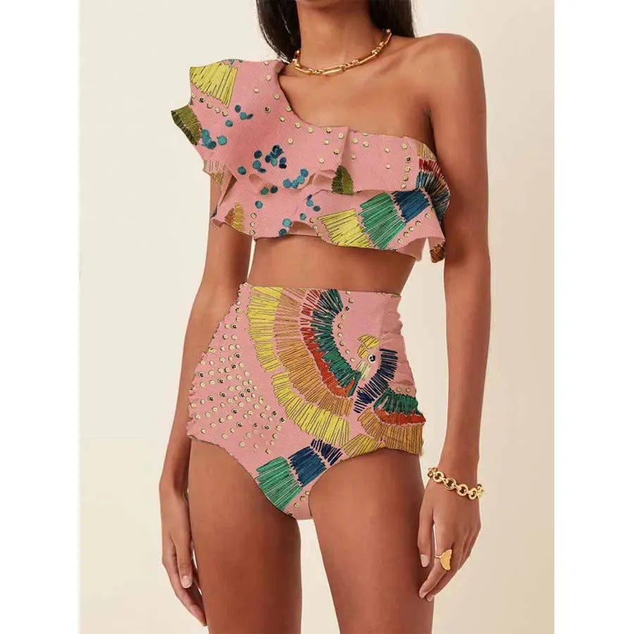 Women's printed high waist bikini set with oblique shoulder ruffles in striped or floral pattern