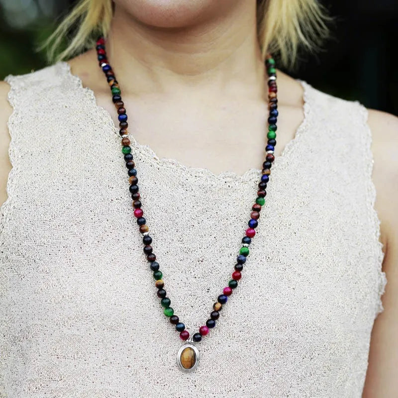 Natural stone meditation bracelet necklace with colour tiger-eye beads and 108 symbolic pendants on adjustable chain