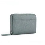 Genuine leather zipper coin purse in solid colour with sewing line detailing