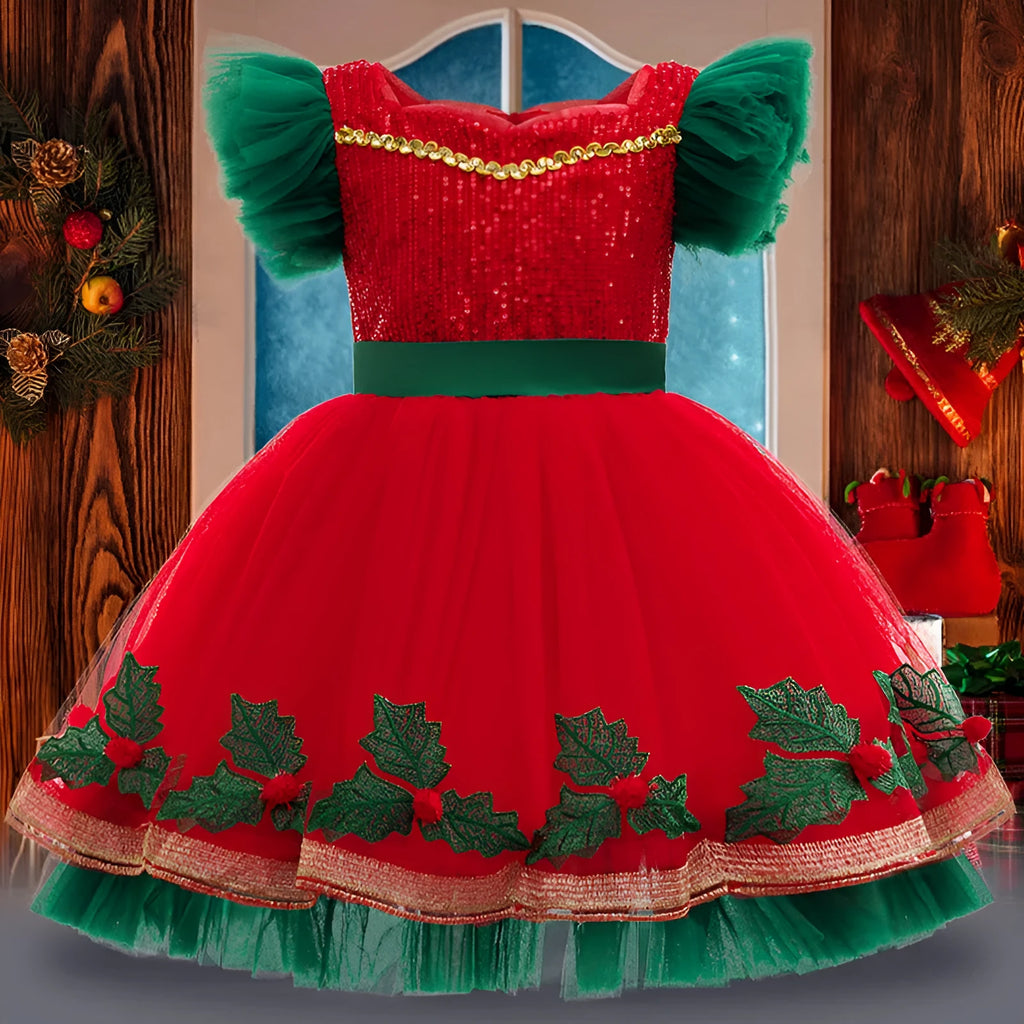 Children's colour-blocking princess dress with lace in D1557 red on a child aged 8-10, polyester fabric, full-length view