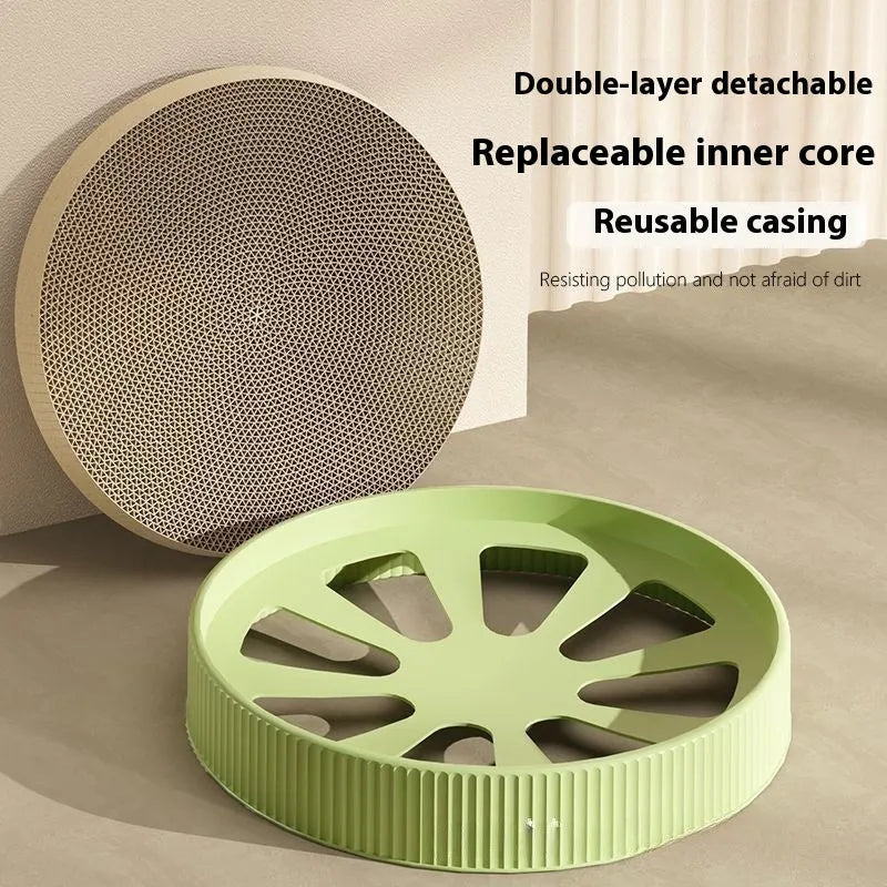 Round green cat scratching board with corrugated paper centre and two replacement packs.