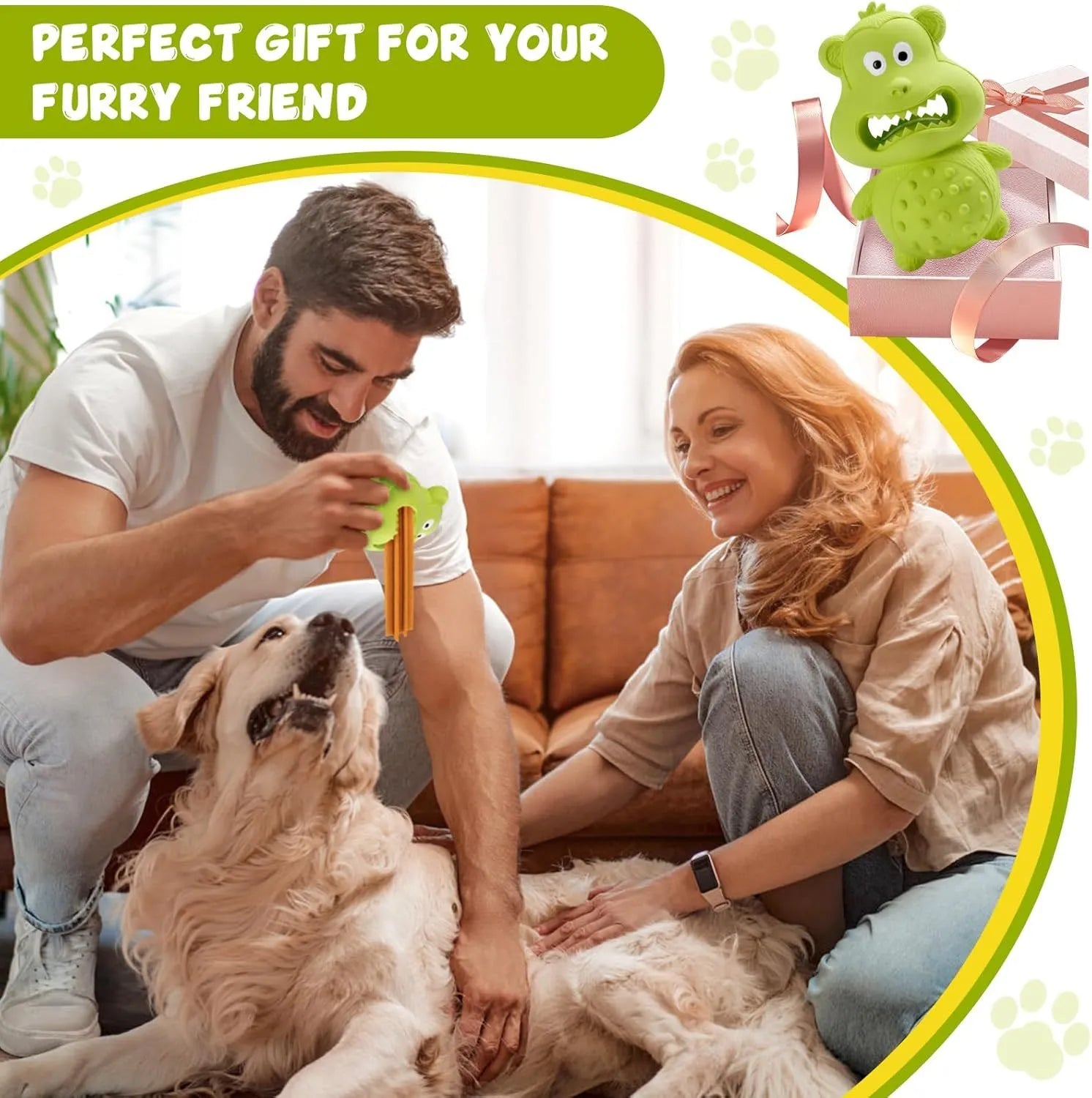 Green and yellow natural rubber dog chew toy with squeaker for large breed dogs