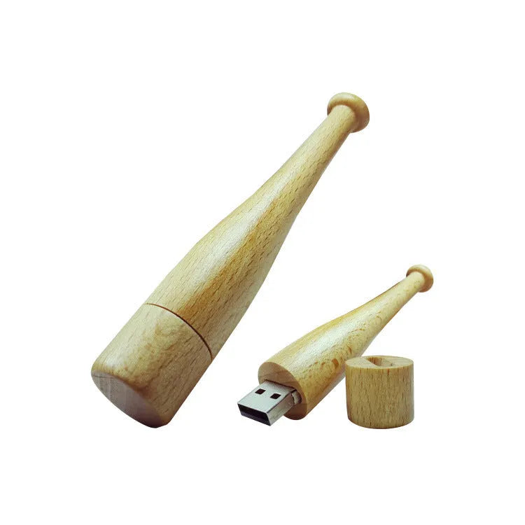 Wooden baseball bat shaped USB flash drive with 16GB storage capacity on wooden surface