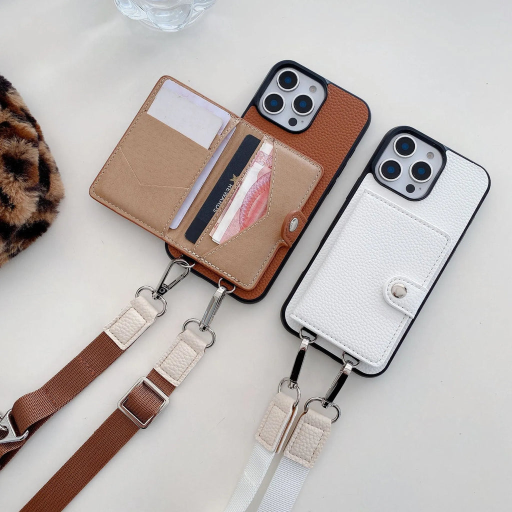 PC leather iPhone case with a card slot on the back and a lanyard loop, shown in multiple colours.