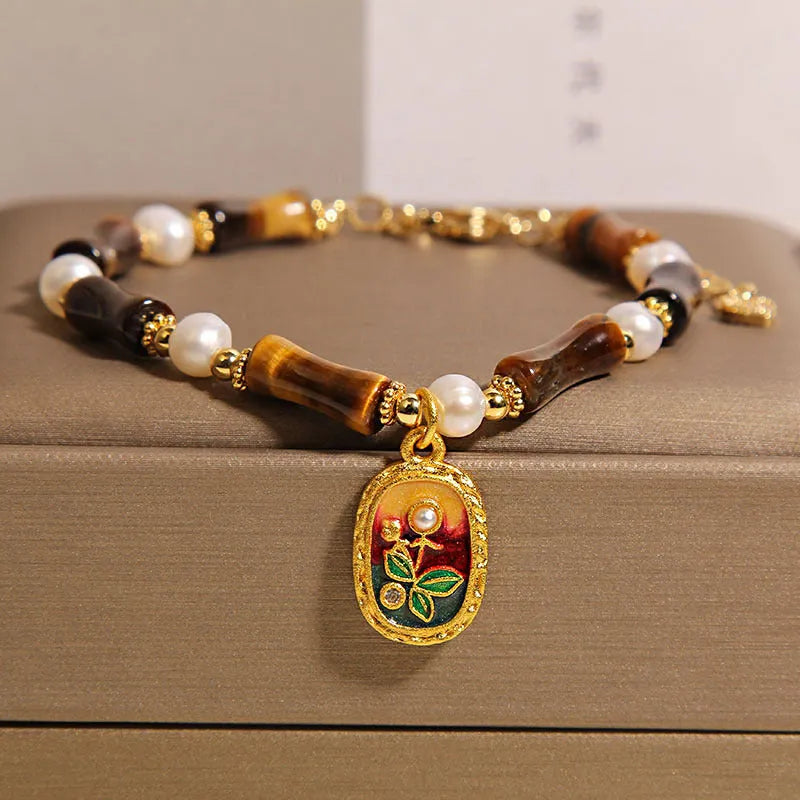 Chinese style stone bamboo bracelet with glass beads in amber colour for women