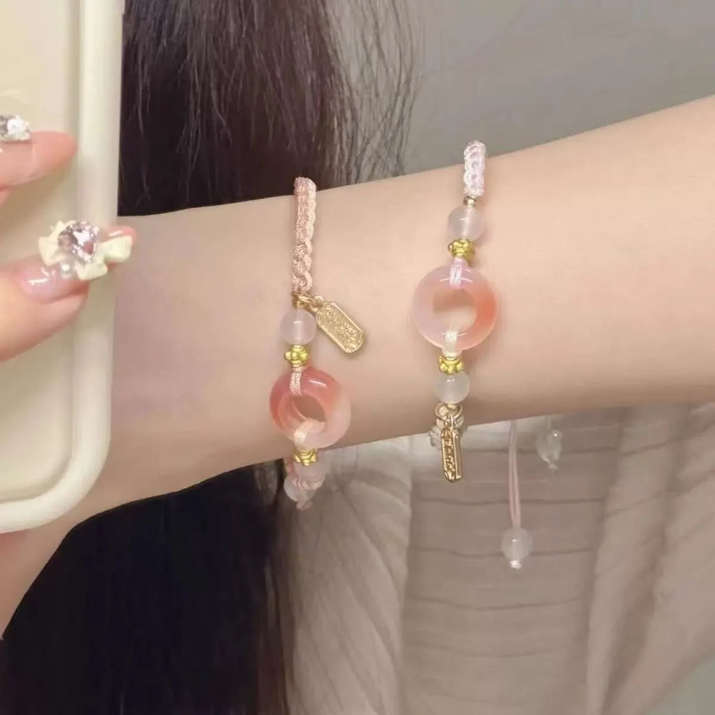 National style DIY woven watch band couple bracelet with peach blossom pattern in black, green, or pink colour options
