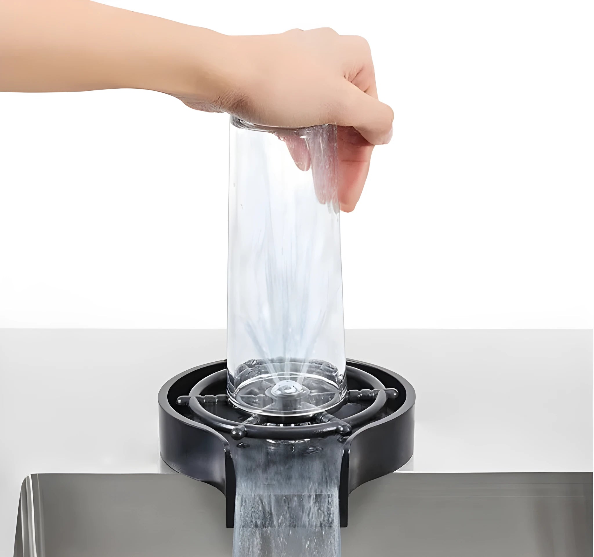 Automatic glass washer with stainless steel cup, black ABS base and copper hose connection