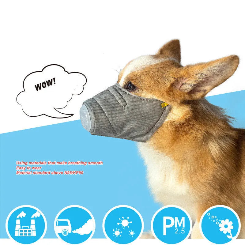 Grey dog anti-fog haze mask with soft cotton mouth cover and Velcro strap for respiratory protection