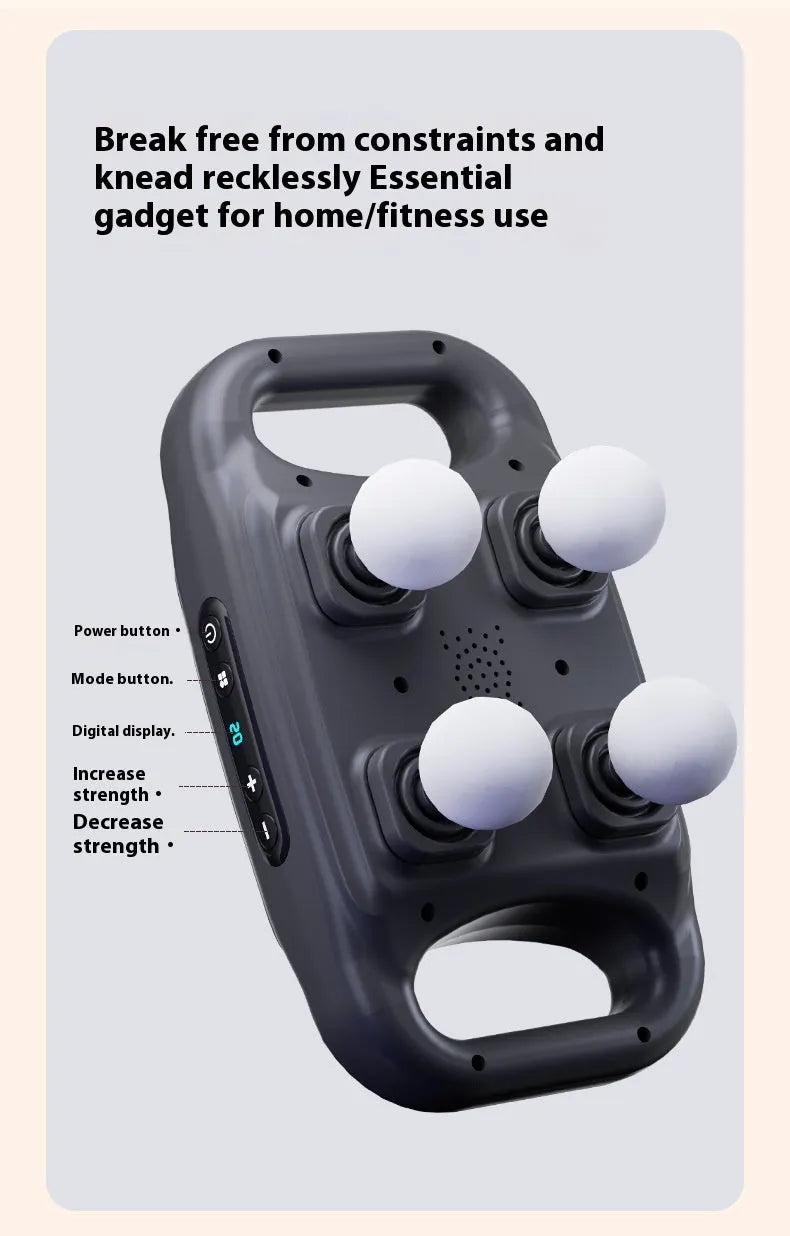 Rechargeable high-power four-head massager in black with multi-gear adjustment and Type-C charging port