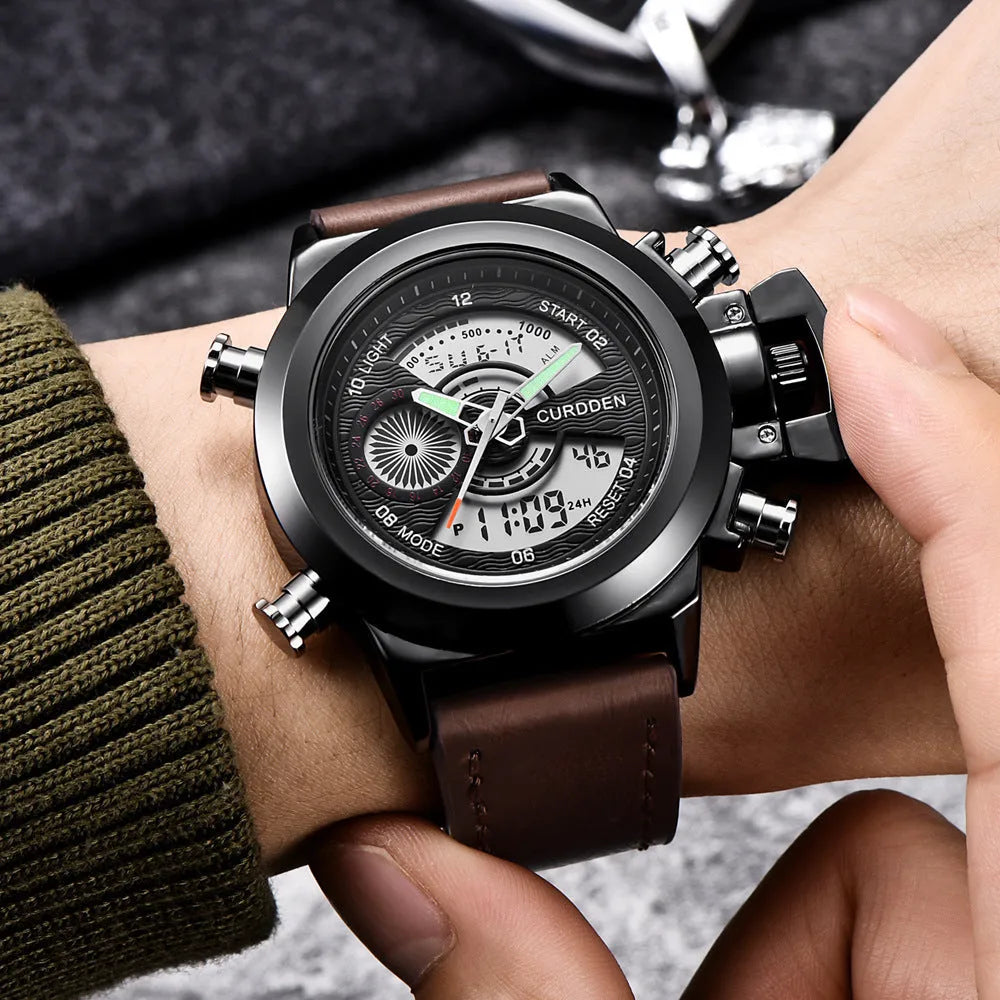 Men's sports watch with dual display, leather strap, black dial, 4.7cm surface diameter