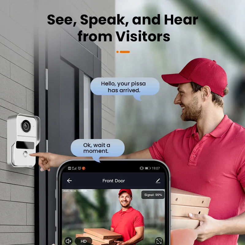 1080P video intercom doorbell system with outdoor unit, indoor display, and installation hardware including unlock cable