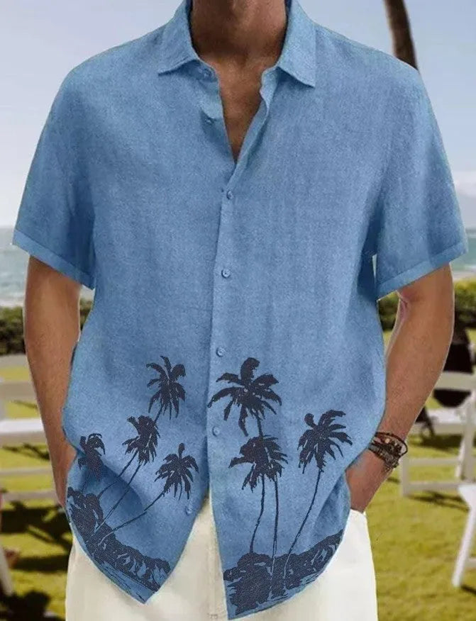 Men's cotton short sleeve cardigan in grey, standing collar, crease-resistant summer shirt