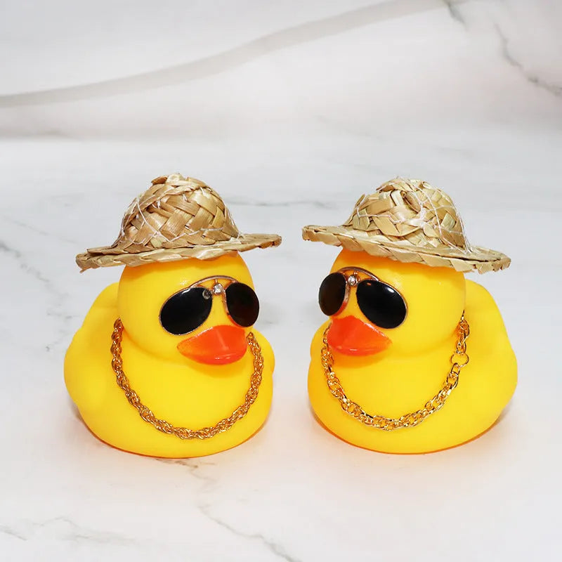 Yellow cartoon duck with straw hat car dashboard ornament with base glue and sunglasses necklace