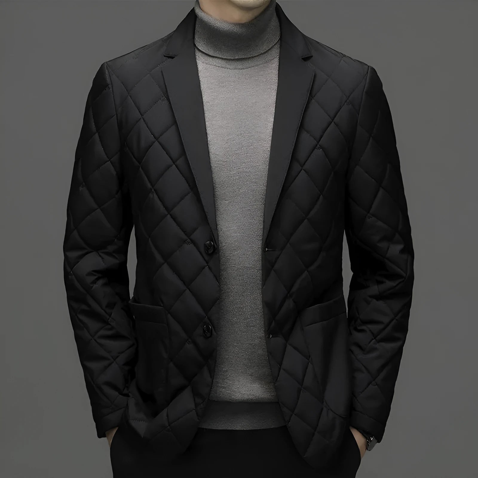 Men's black winter lapel jacket with cardigan style and side seam pockets