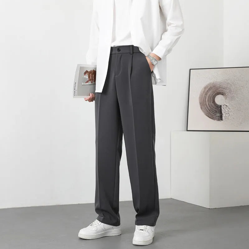 Men's casual fleece-lined trousers in solid colour, mid waist, zipper fly, Ice Silk fabric, loose fit