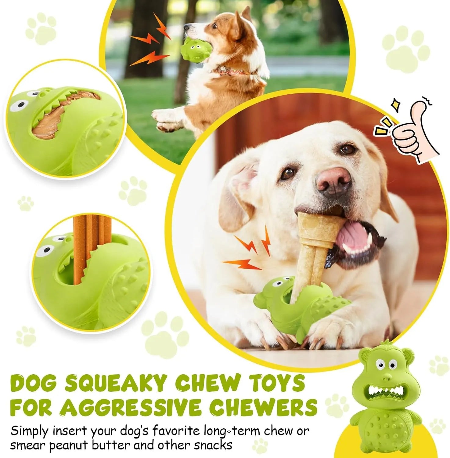 Green and yellow natural rubber dog chew toy with squeaker for large breed dogs