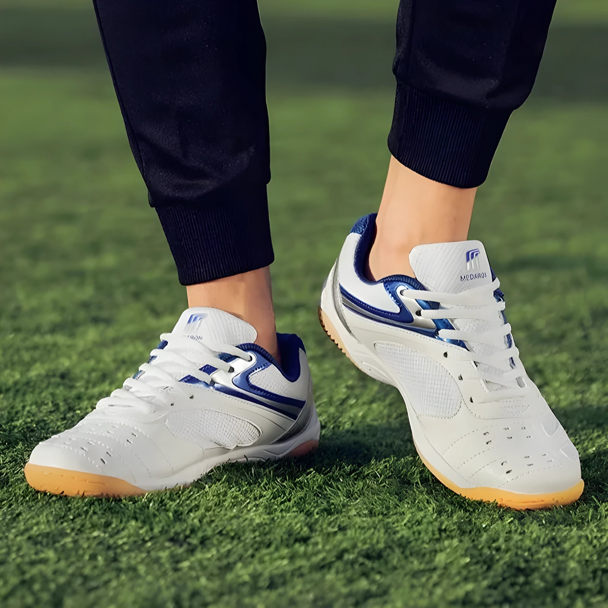 White and blue table tennis sneakers with synthetic leather upper and rubber sole on a court surface.