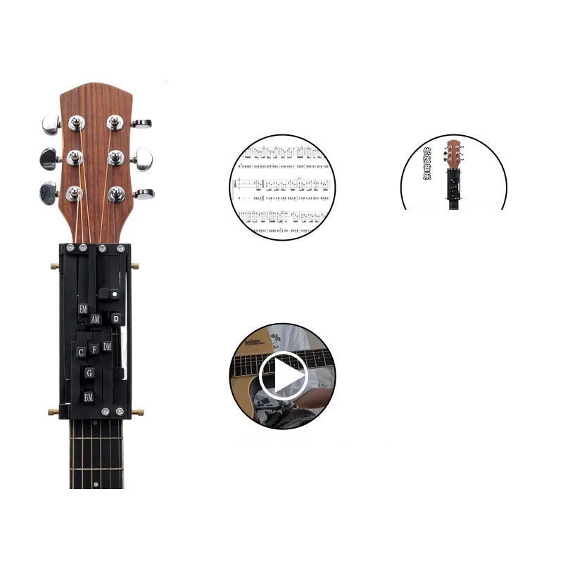 Black auxiliary folk guitar chord practice device with automatic gear mechanism for beginners