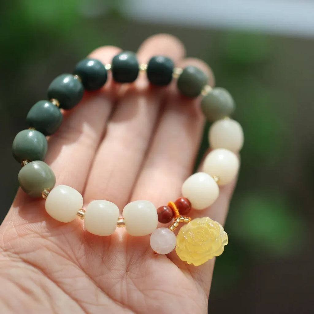Woven Bodhi root bracelet with gradient white jade colour and natural beeswax Lotus elements, 10mm floral retro design.