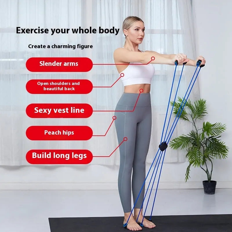 Blue and red eight character TPR puller fitness band for shoulder workouts.
