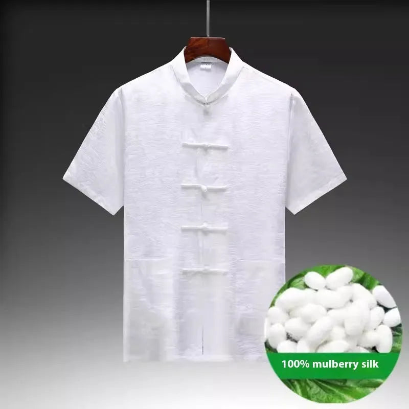 Men's traditional Chinese mulberry silk Tang suit in light green colour with woven construction