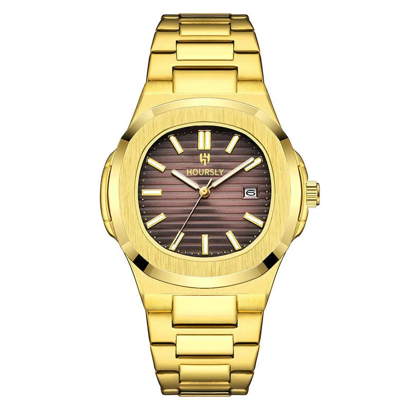 Men's quartz wristwatch with steel belt, gold dial and strap, 11mm thin business watch