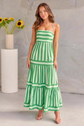Women's striped suspender dress with square neckline, backless design, and side pockets