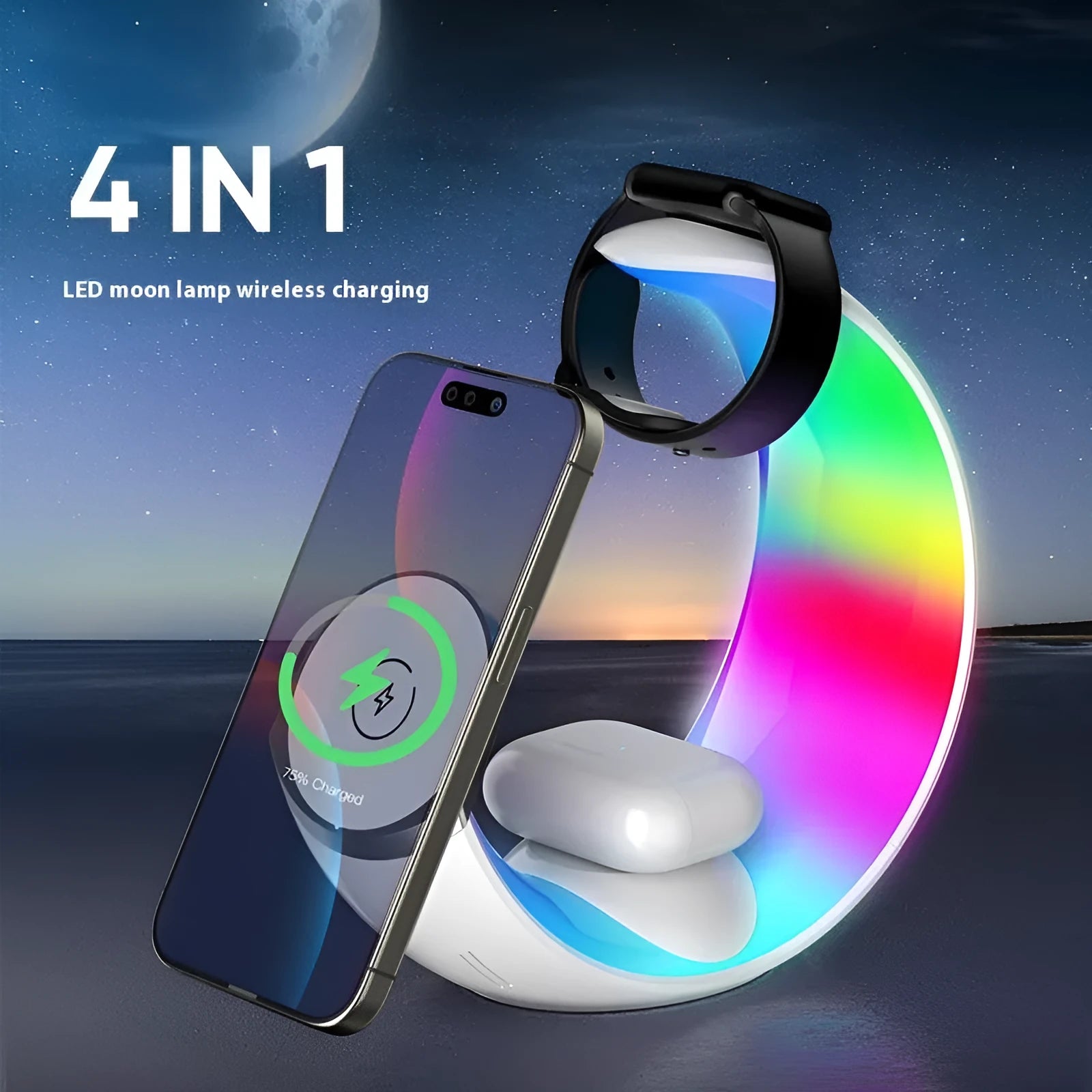 White wireless ambience light 4 in 1 night lamp charger with Type-C port