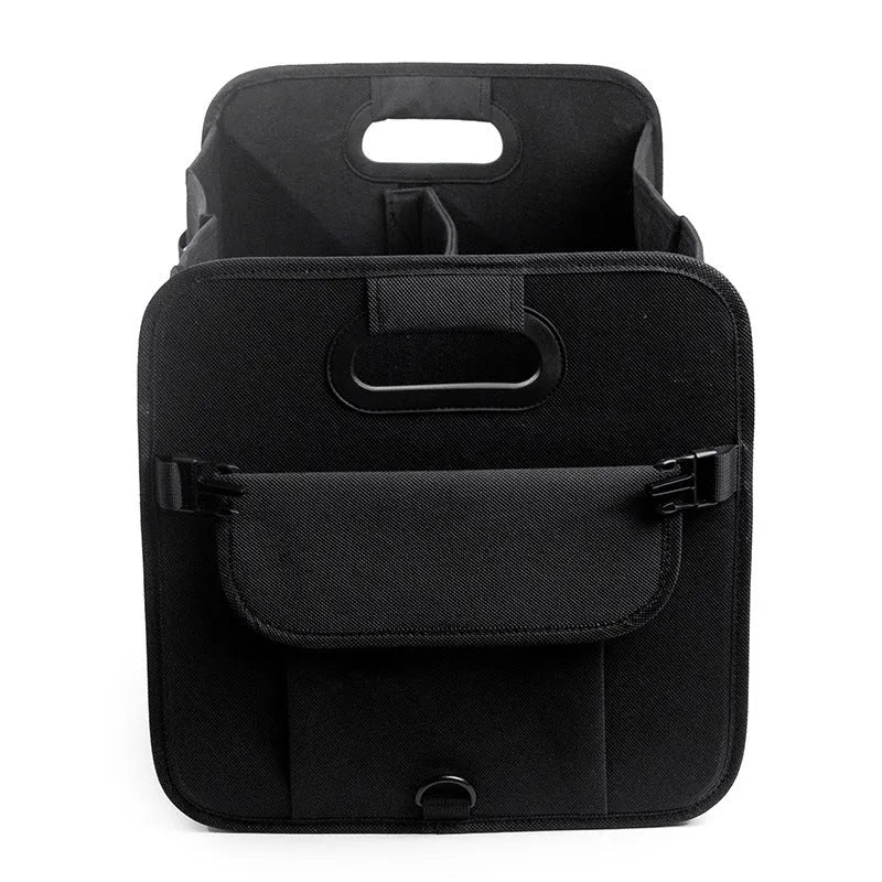 Foldable multi-compartment car boot storage box in black fabric with handle