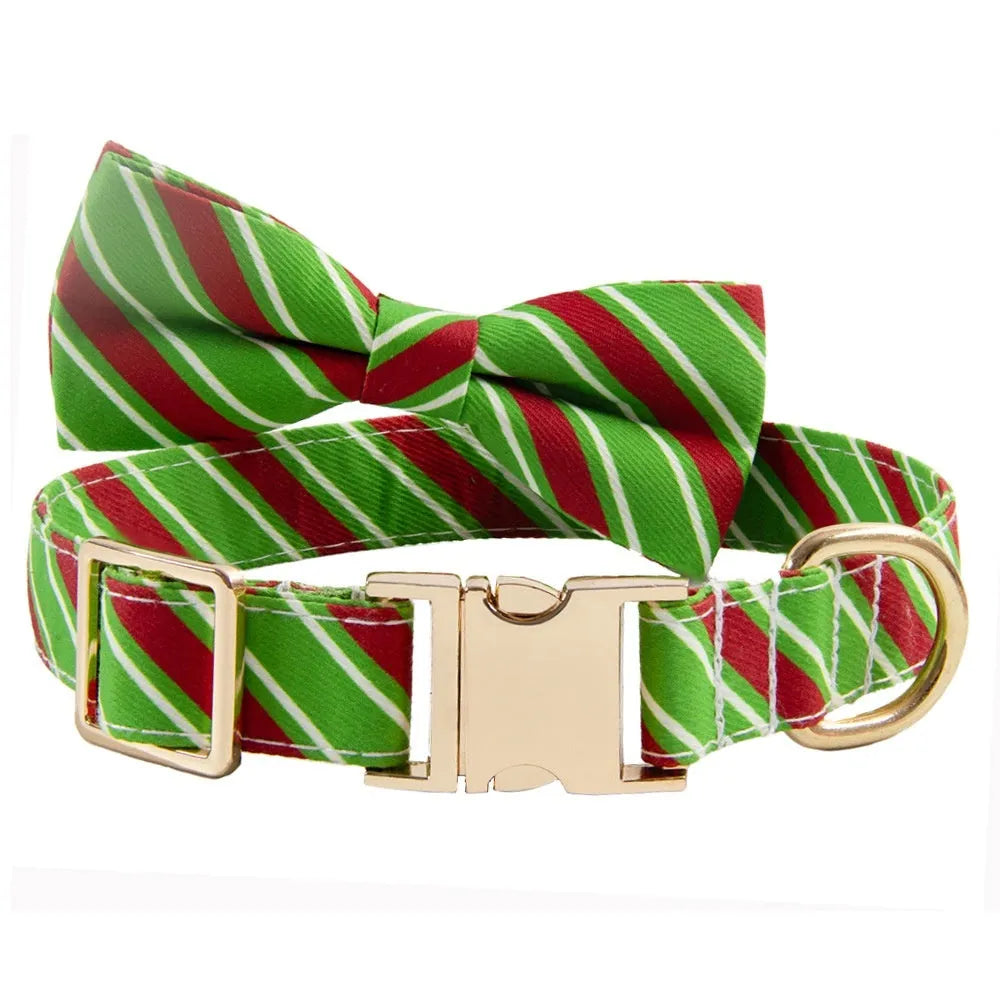 Personalised striped dog collar with anti-lost lettering in candy green colour with bow knot attachment