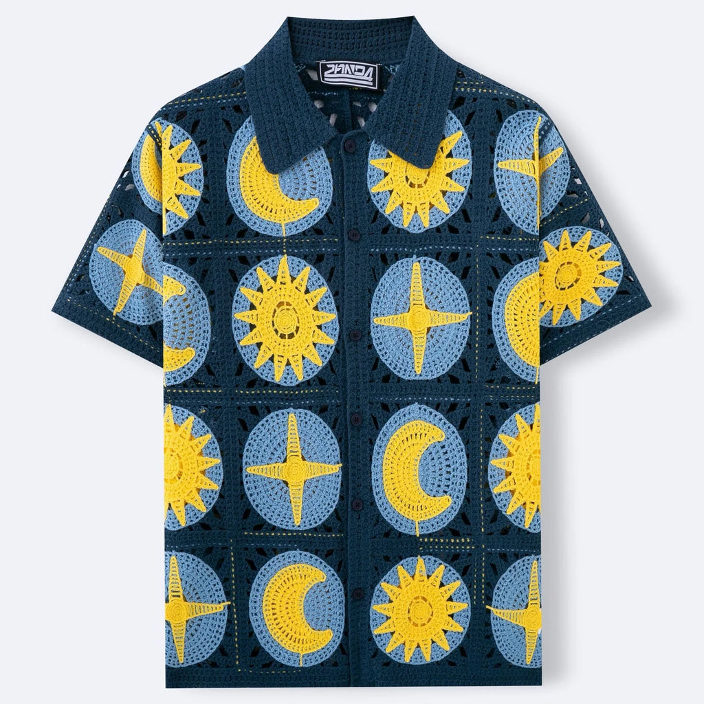 Navy blue men's short-sleeve cardigan with a raised cartoon flocking pattern on the front.