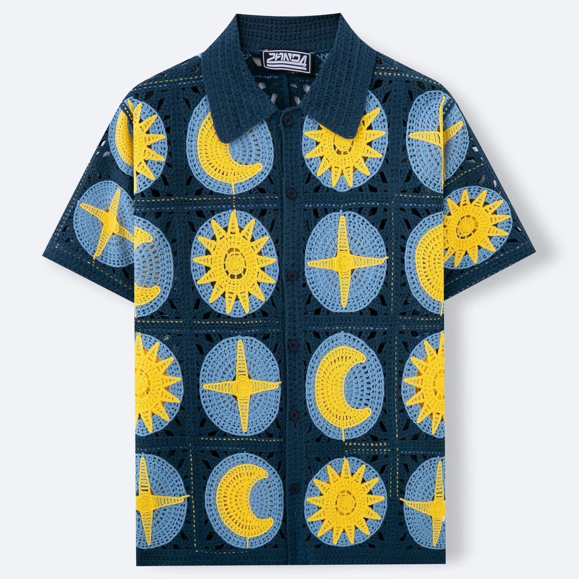 Navy blue men's short-sleeve cardigan with a raised cartoon flocking pattern on the front.