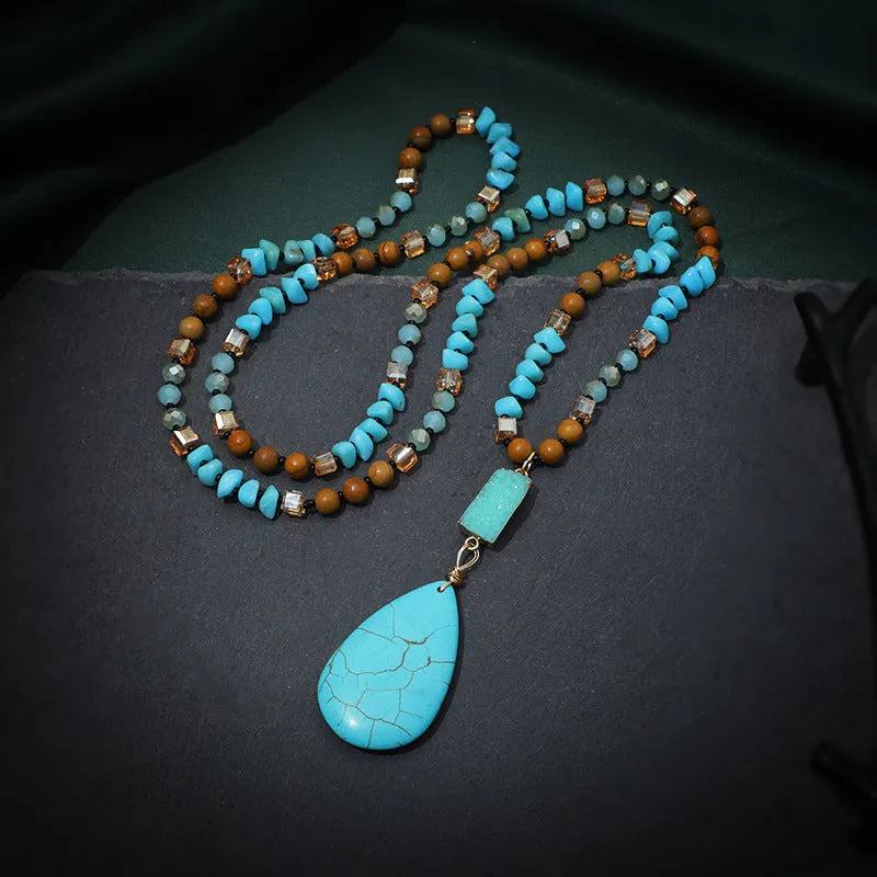 Turquoise water drop pendant necklace with ball bead chain and geometric designs